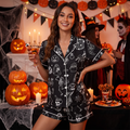 Halloween Pajama Set, Women’s Spooky Skeleton Sleepwear, Black Pumpkin Satin PJs, Halloween Night Gift