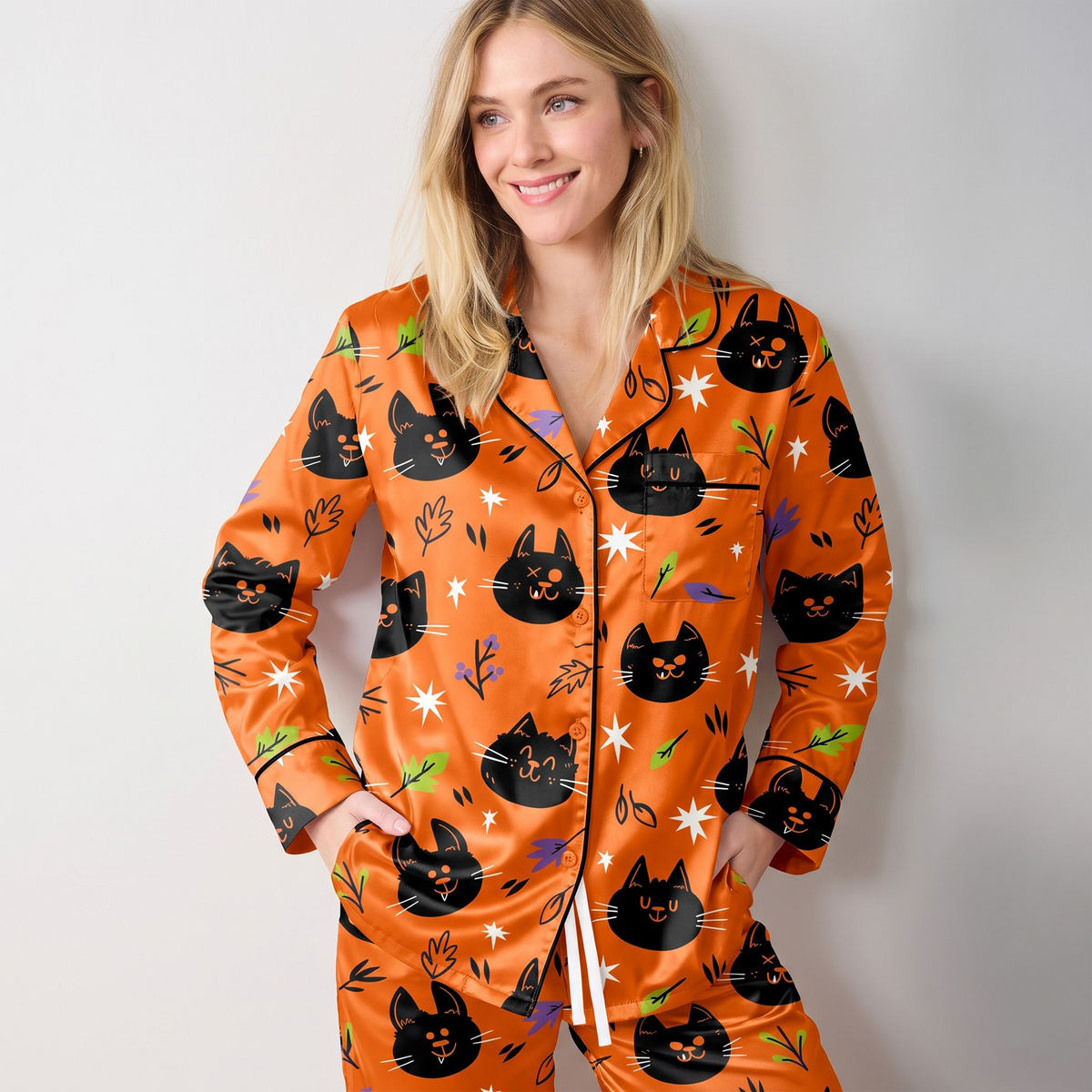 Orange Halloween Black Cat Satin Pajama Set, Cute Cat Silk Sleepwear, Fall Button Down Long Sleeve Pjs, Cat Mom Gift for Her