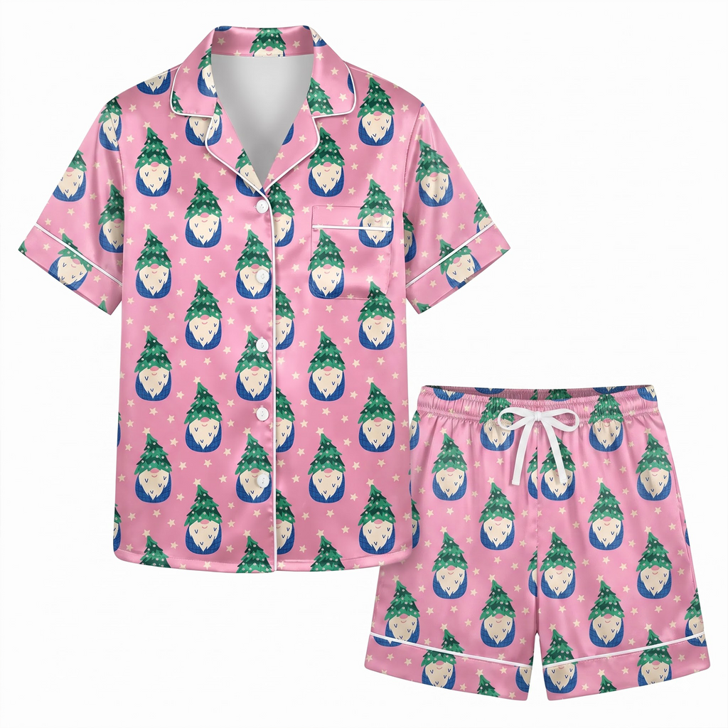 Pink Christmas Gnome Satin Pajama Set, Xmas Gnome Silk Sleepwear, Coquette Holiday Lounge Set, Xmas Gift for Her Women