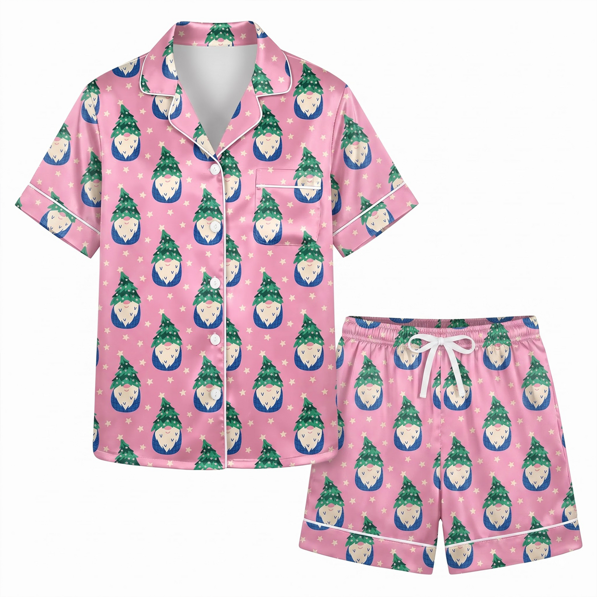 Pink Christmas Gnome Satin Pajama Set, Xmas Gnome Silk Sleepwear, Coquette Holiday Lounge Set, Xmas Gift for Her Women