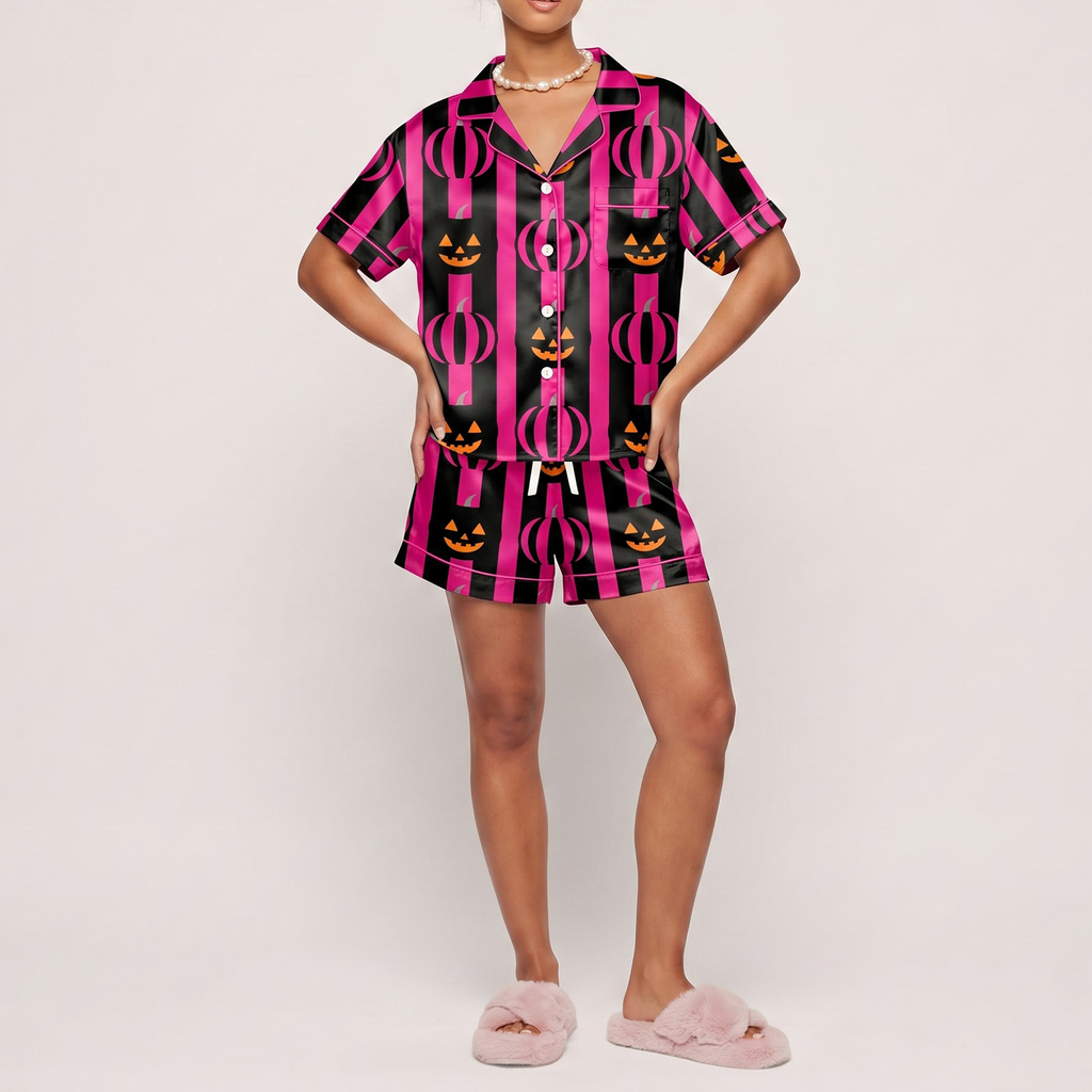Pink Halloween Satin Pajama Set, Hot Pink Pumpkin Silk Sleepwear, Striped Button Down Pjs, Cute Spooky Gift for Her