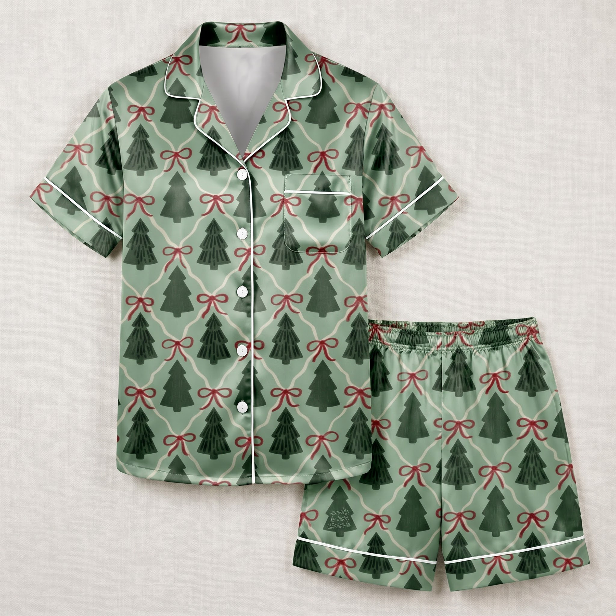 Green Christmas Tree Satin Pajama Set, Coquette Red Bow Silk Sleepwear, Holiday Button Down Pjs, Christmas Gift for Her