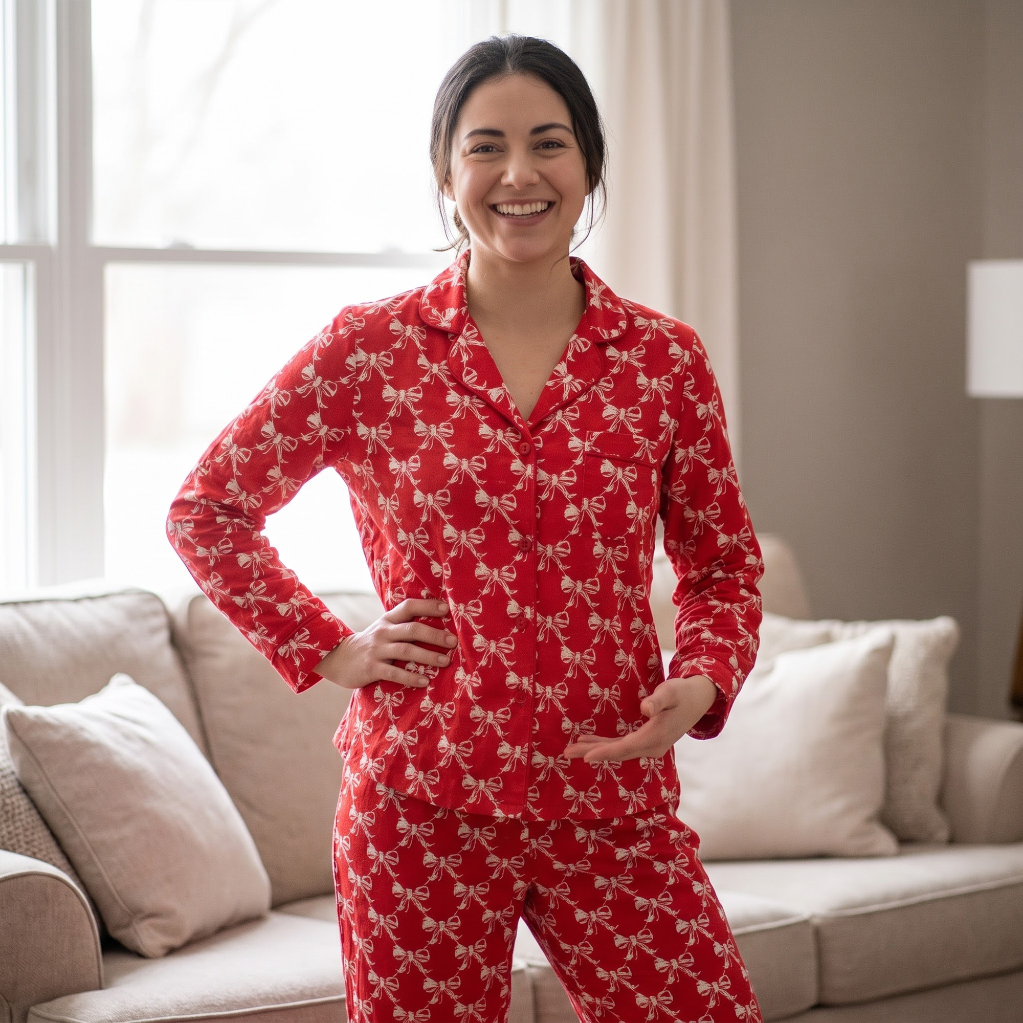 Red Bow Satin Pajama Set, Coquette Ribbon Silk PJs Long Sleeve, Festive Christmas Holiday Sleepwear, Cute Satin Loungewear Gift for Her