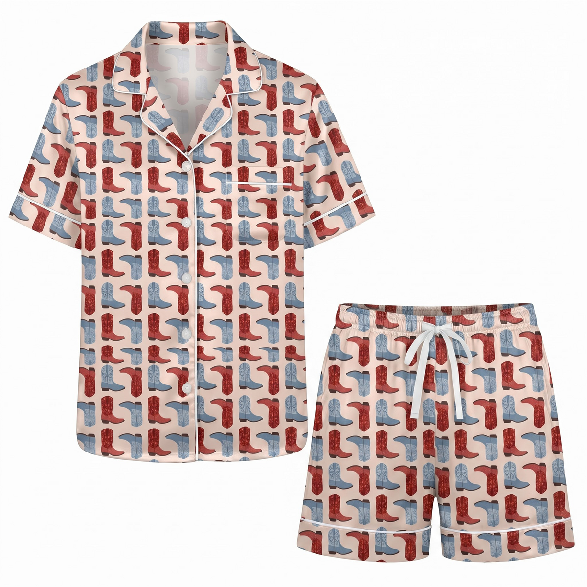 Cowboy Boot Satin Pajama Set, Red Blue Cowgirl Silk Sleepwear, Western Country Lounge Set, Cowgirl Gift for Her Women