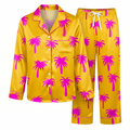 Yellow Palm Tree Satin Pajama Set, Pink Palm Tree Silk Sleepwear, Tropical Beach Vacation Lounge Set, Gift for Her Women