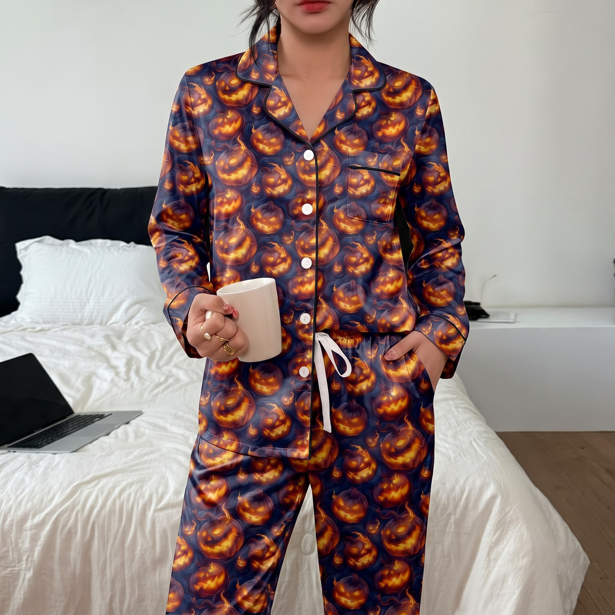 Halloween Pumpkin Satin Pajama Set, Jack O Lantern Pajamas, Spooky Pumpkin Halloween PJs, Orange Black Fall Sleepwear, Halloween Gift