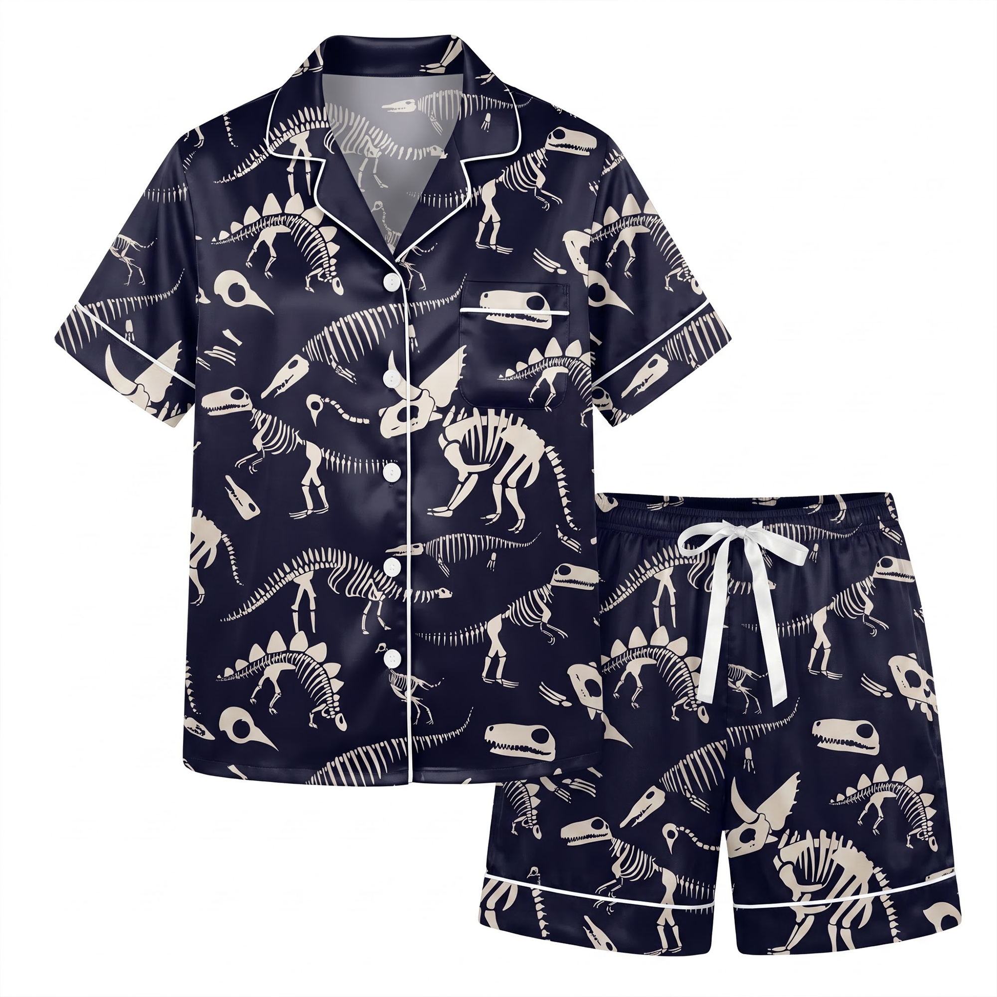 Dinosaur Skeleton Pajama Set, Navy Blue Fossil Lounge Set, Dino Bones Sleepwear PJS, Gift for Dino Lovers Women