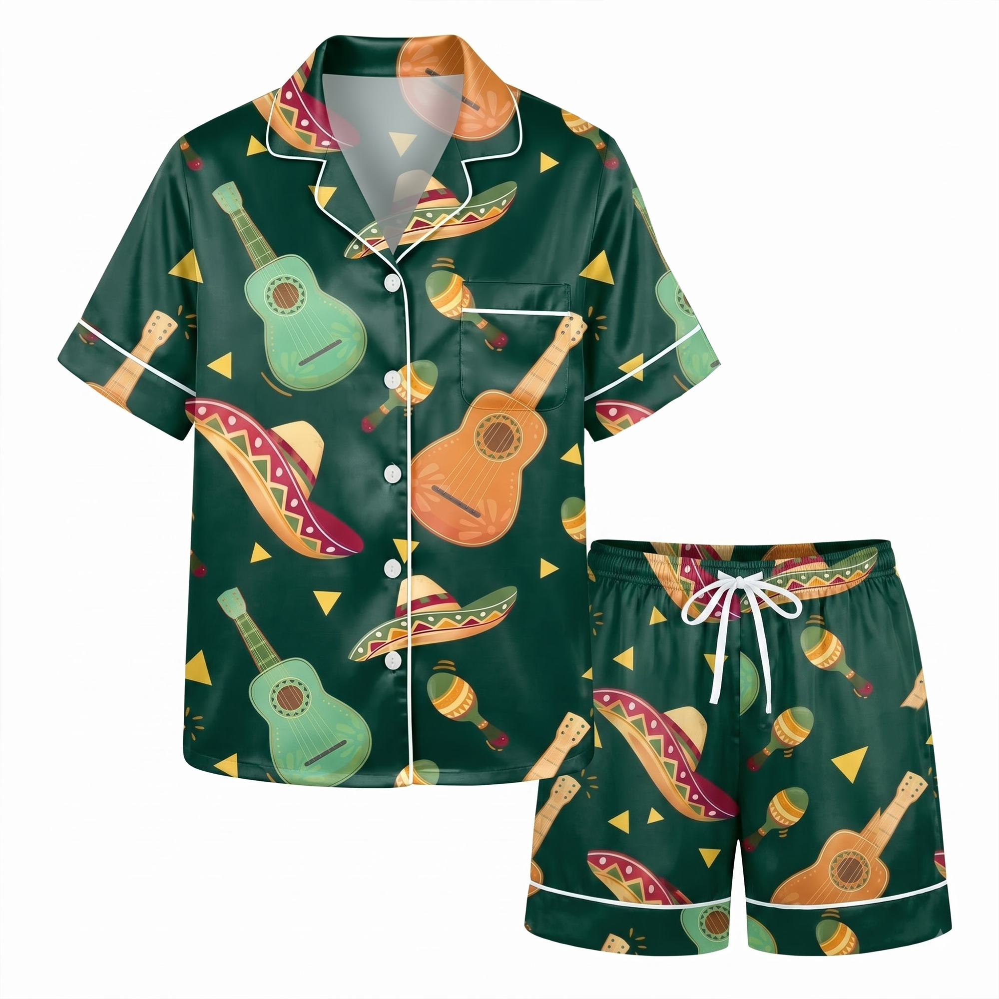 Mexican Fiesta Pajama Set, Green Guitar Sombrero Lounge Set, Cinco De Mayo Sleepwear PJS, Gift for Her Women