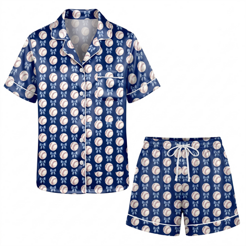 Baseball Pajama Set, Coquette Blue Bow Satin Lounge Set, Baseball Mom Sleepwear PJS, Game Day Gift for Her Women