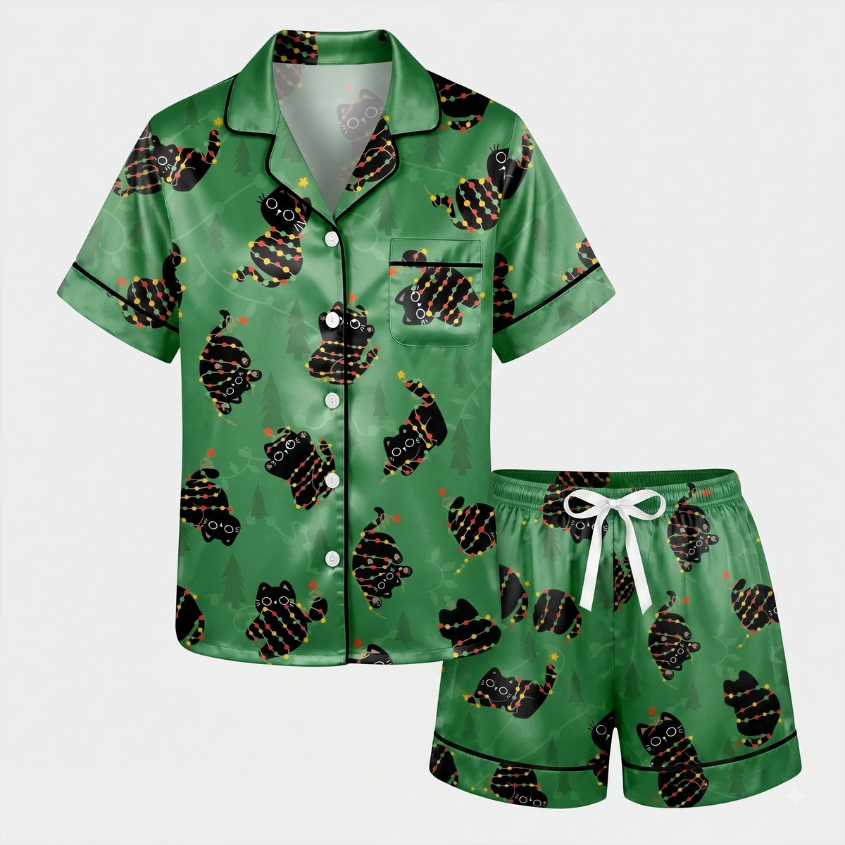 Christmas Black Cat Pajama Set, Green Satin Holiday Lights Lounge Set, Cute Cat Mom Xmas Sleepwear PJS, Gift for Her