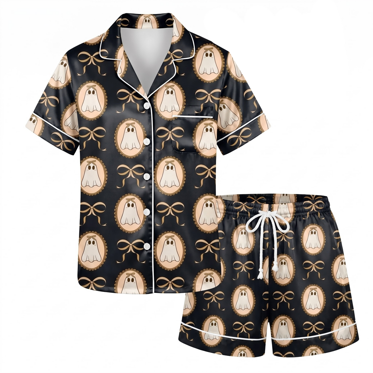 Ghost Bow Satin Pajama Set, Black Halloween Pajamas, Cute Coquette Ghost PJs, Vintage Spooky Bow Sleepwear, Halloween Gift for Her