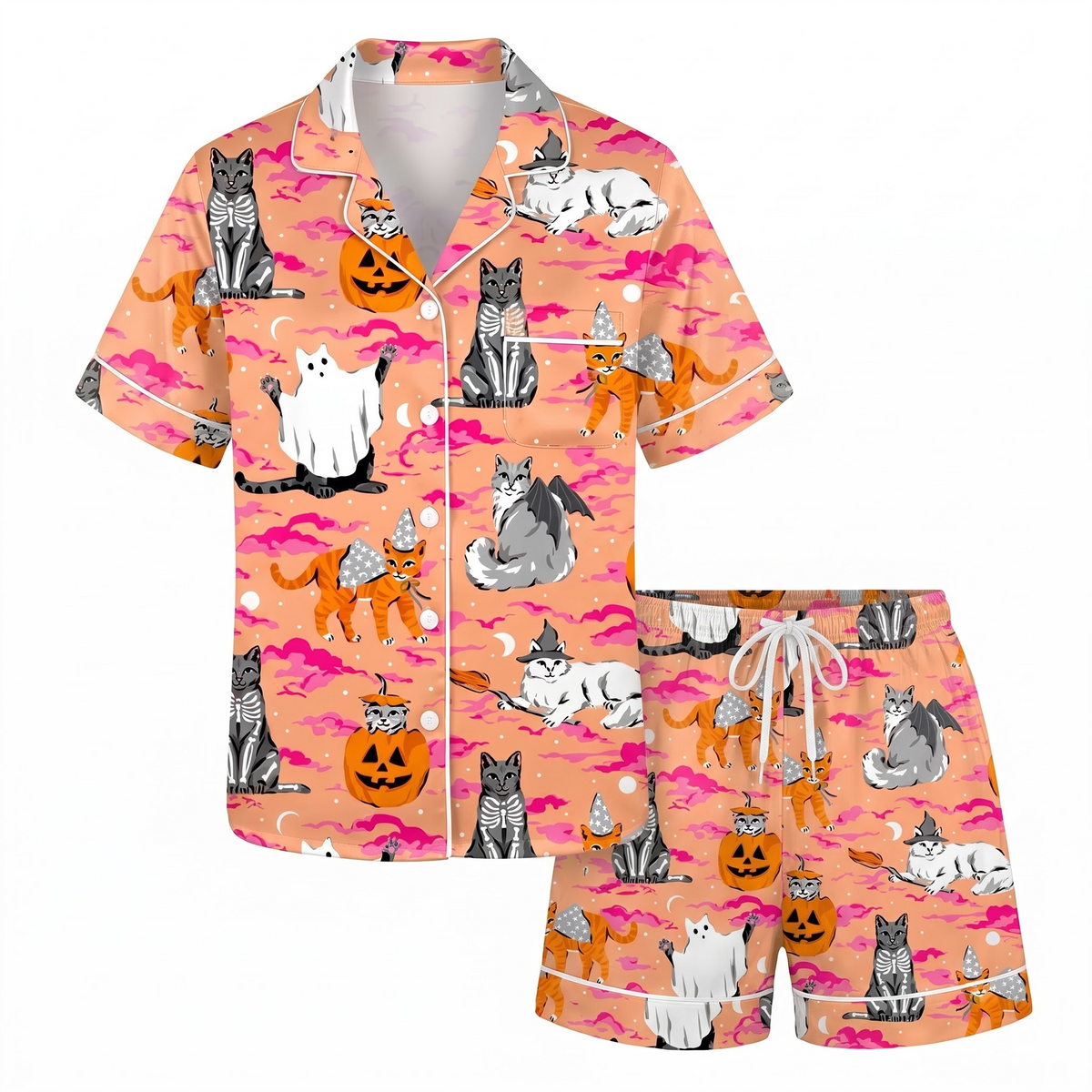 Halloween Cat Satin Pajama Set, Spooky Kitty Pajamas, Pumpkin Ghost Cat PJs, Cute Witch Cat Halloween Sleepwear, Cat Lover Gift