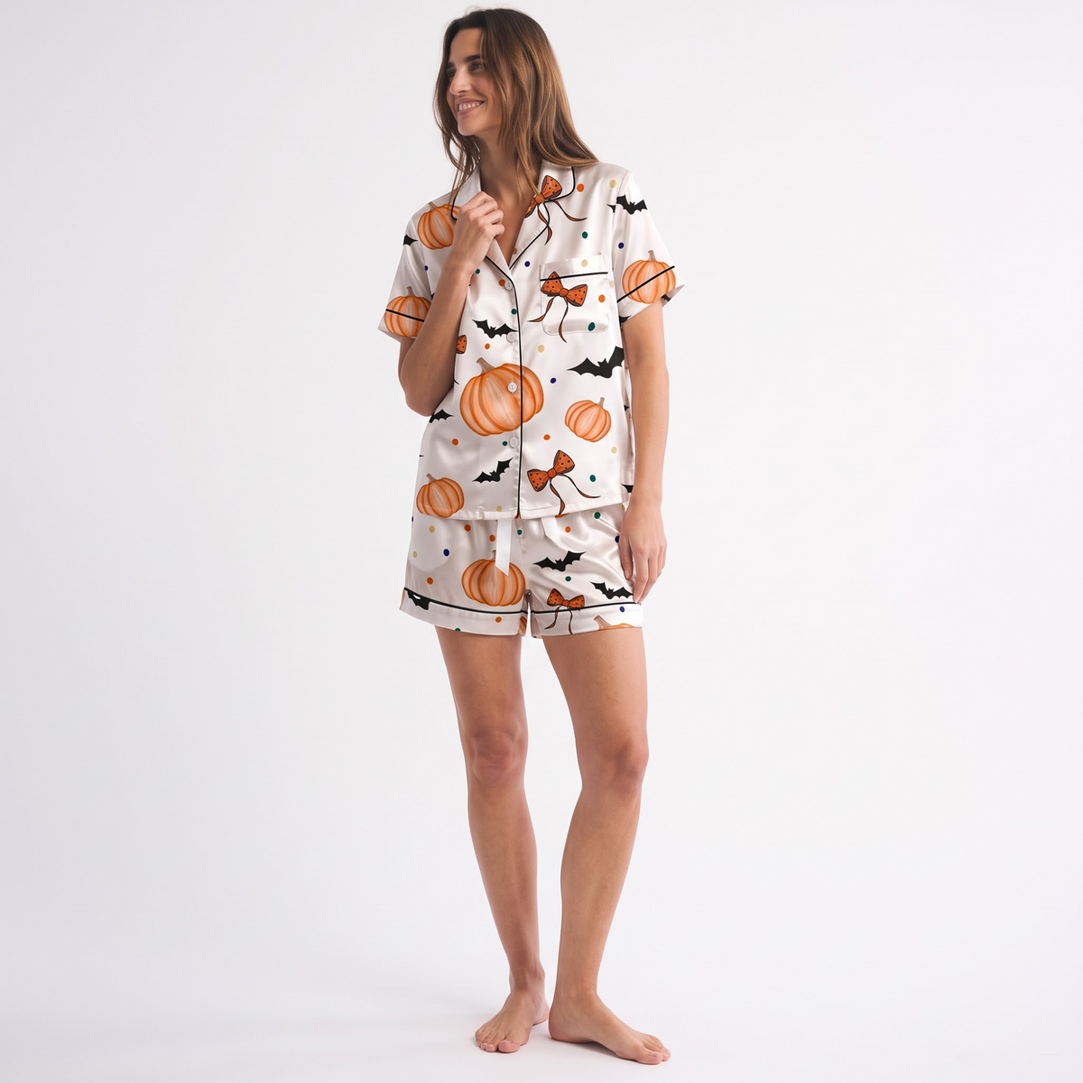 Halloween Pumpkin Bat Satin Pajama Set, Cute Pumpkin Bow Pajamas, Spooky Halloween PJs, White Orange Fall Sleepwear, Halloween Gift