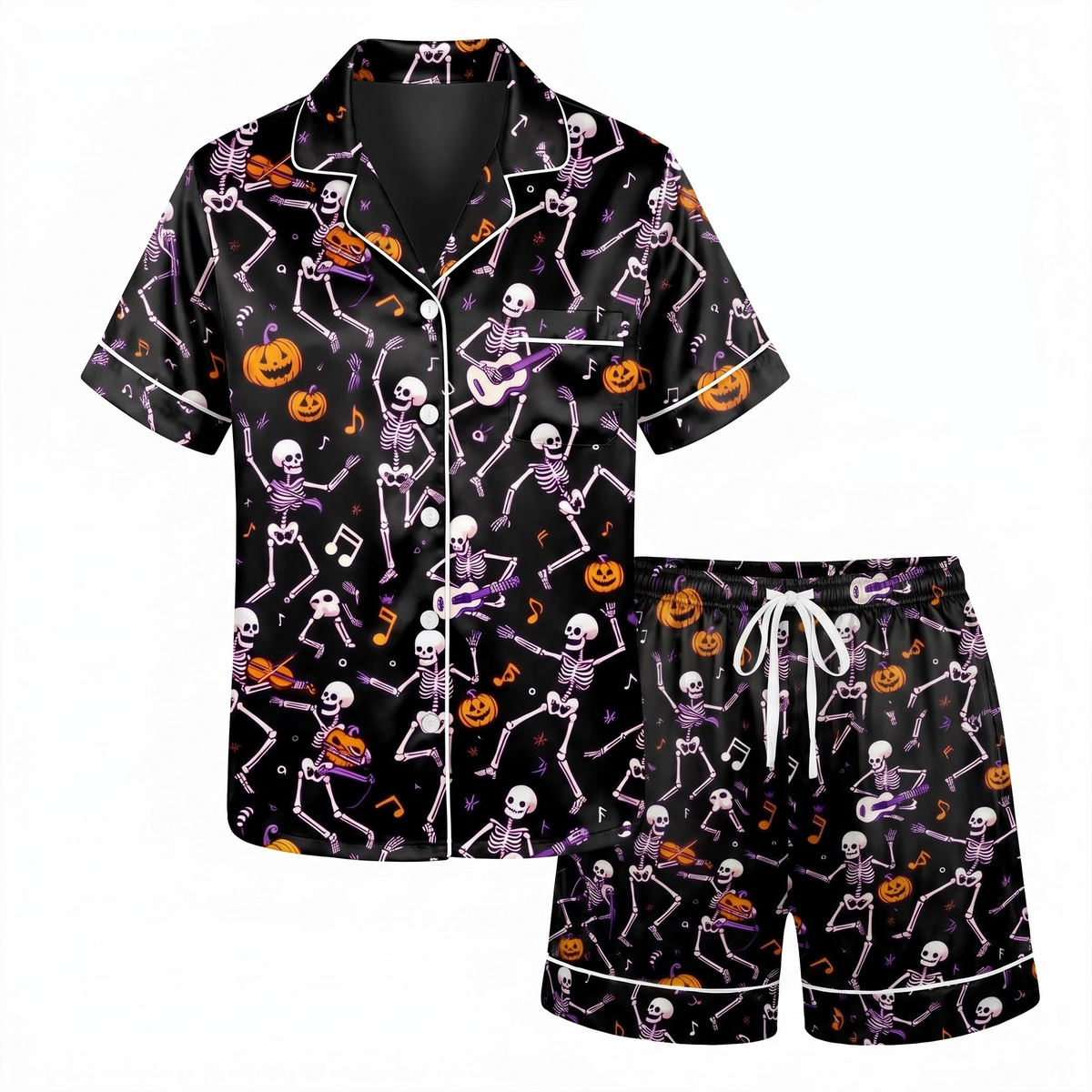 Halloween Dancing Skeleton Satin Pajama Set, Skeleton Music Pajamas, Spooky Pumpkin Halloween PJs, Black Halloween Sleepwear, Halloween Gift