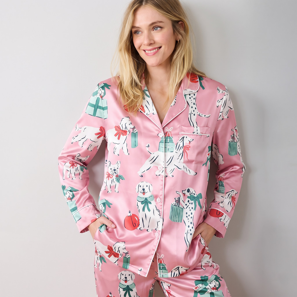 Pink Christmas Dog Satin Pajama Set, Dalmatian Silk Sleepwear, Festive Holiday Button Down Pjs, Dog Lover Gift for Her