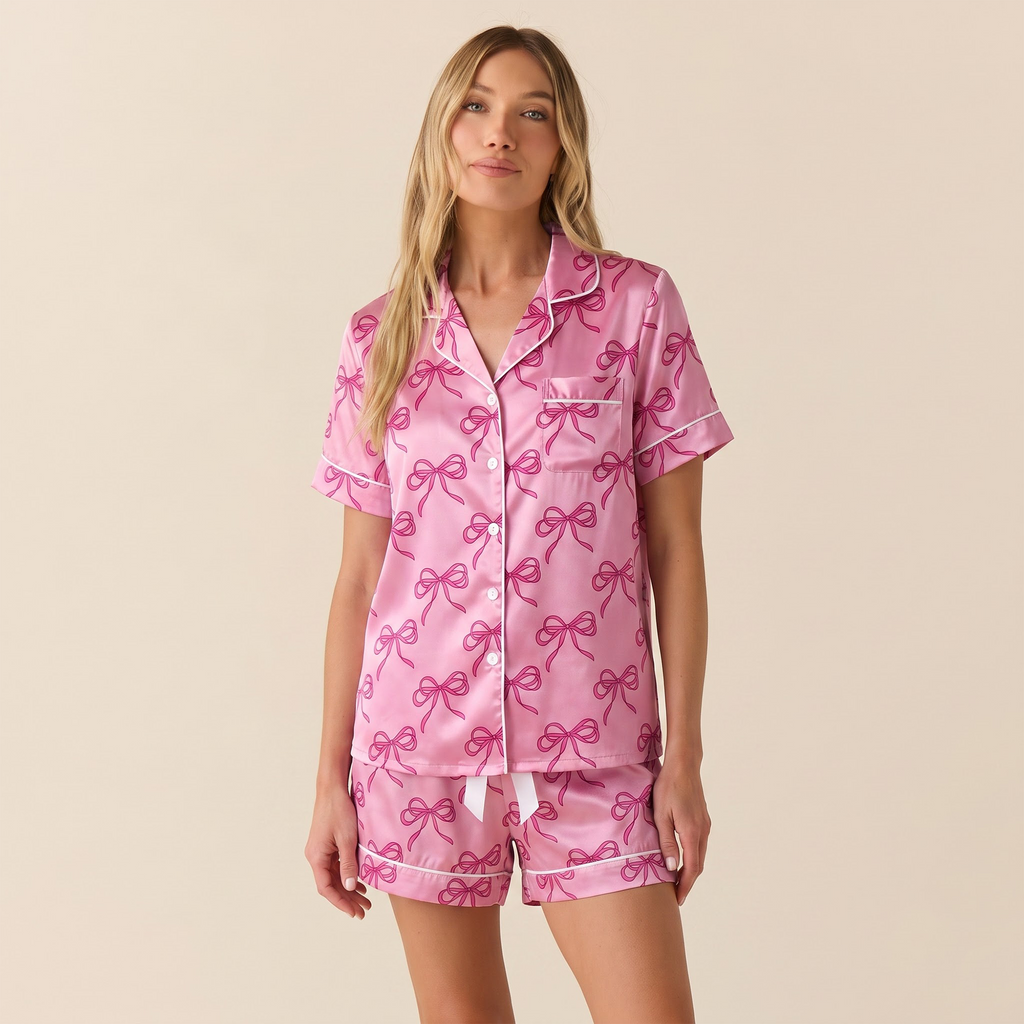 Pink Bow Pajama Set, Coquette Satin Ribbon Lounge Set, Pink Bow Sleepwear PJS, Birthday Gift for Her Women