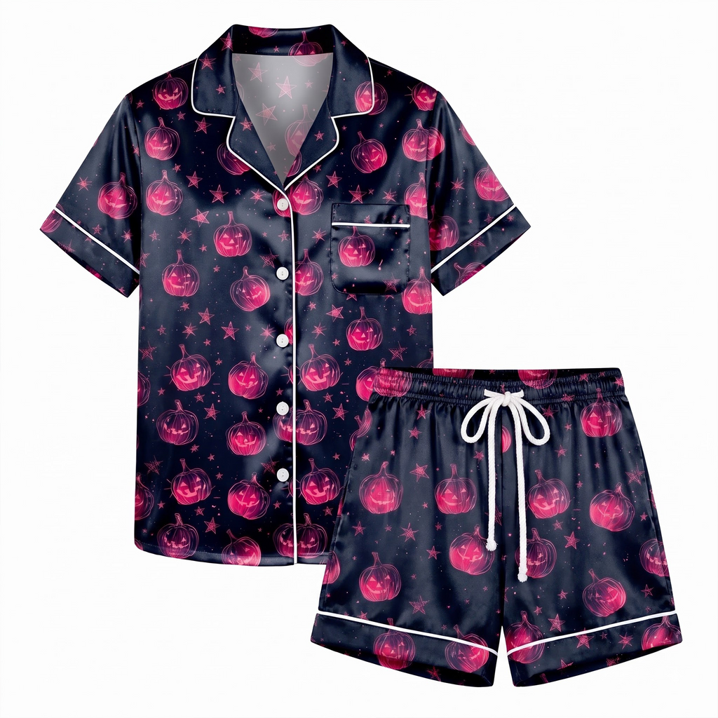 Spooky Starry Pumpkin Pajama Set, Black Satin Pink Pumpkin PJS, Dark Pastel Goth Sleepwear, Birthday Gift for Girlfriend