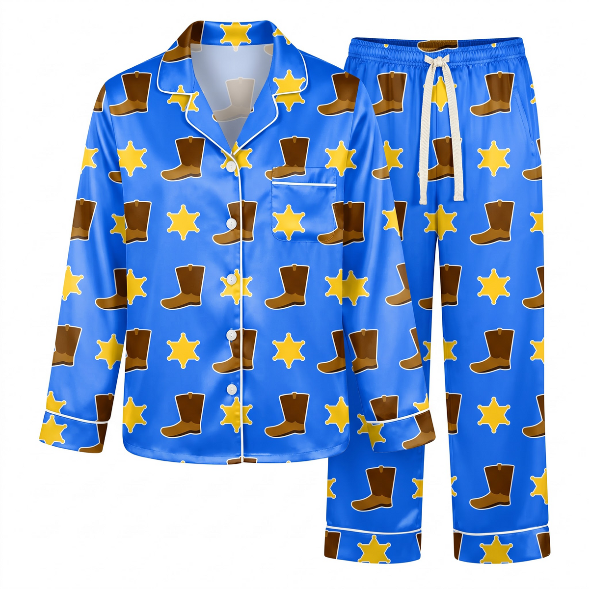 Cowboy Boots Pajama Set, Western Lounge Set, Blue Sheriff Star Pajamas, Country Music Gift for Her Women