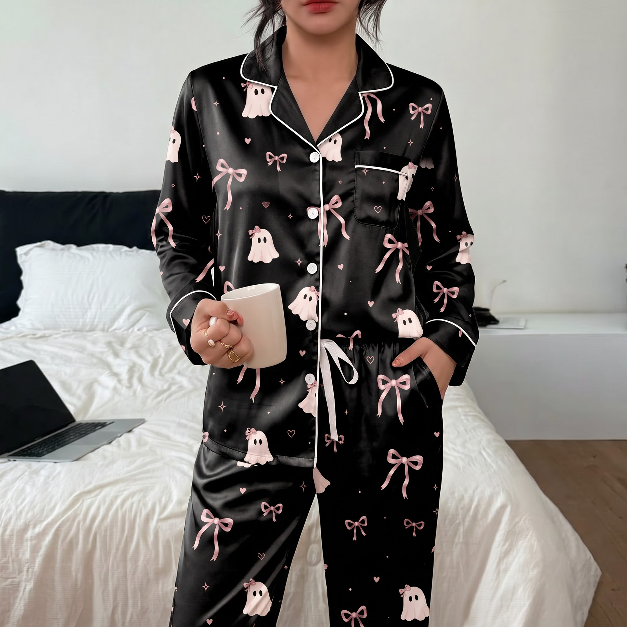 Pink Bow Ghost Pajama Set, Coquette Halloween Satin Lounge Set, Spooky Cute Ghost Sleepwear PJS, Gift for Her Women