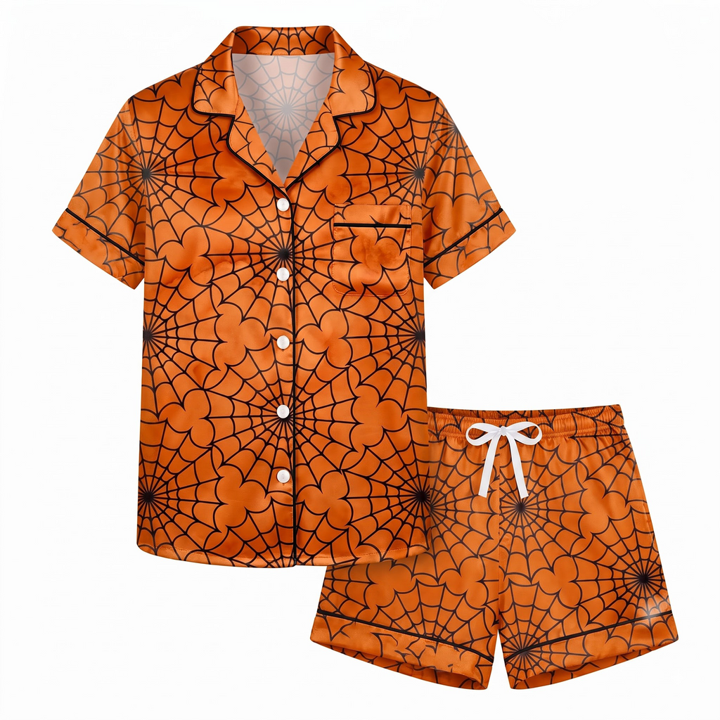 Halloween Spider Web Satin Pajama Set, Orange Black Halloween Pajamas, Spooky Spiderweb Sleepwear, Halloween Night Matching PJs, Fall Gift