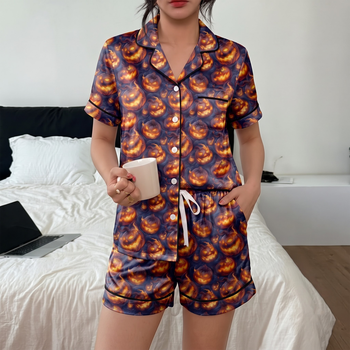Halloween Pumpkin Satin Pajama Set, Jack O Lantern Pajamas, Spooky Pumpkin Halloween PJs, Orange Black Fall Sleepwear, Halloween Gift