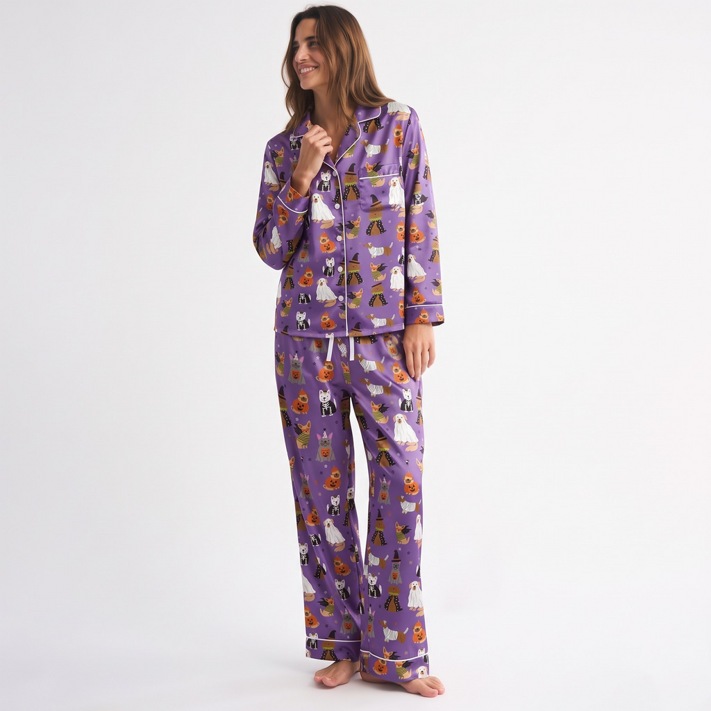 Halloween Dog Satin Pajama Set, Purple Spooky Puppy Pajamas, Cute Dog Costume PJs, Pumpkin Pet Halloween Sleepwear, Dog Lover Gift