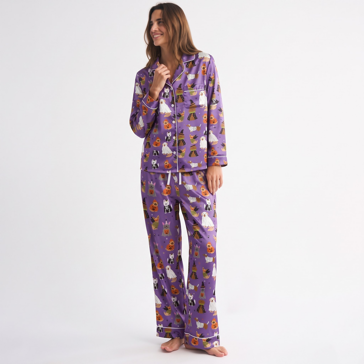 Halloween Dog Satin Pajama Set, Purple Spooky Puppy Pajamas, Cute Dog Costume PJs, Pumpkin Pet Halloween Sleepwear, Dog Lover Gift