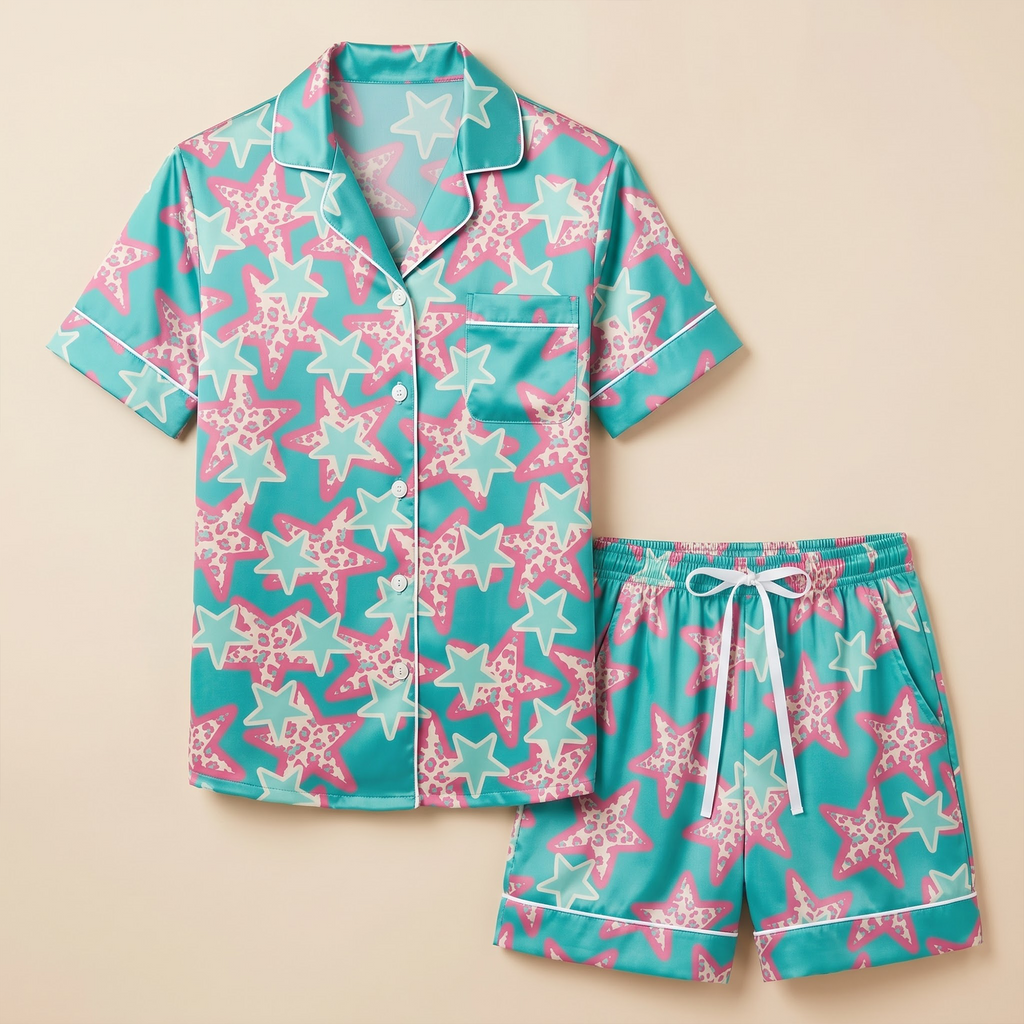 Teal Star Satin Pajama Set, Y2K Pink Leopard Silk Sleepwear, Turquoise Starburst Lounge Set, Preppy Gift for Her Women