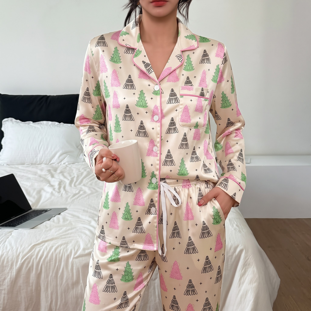 Pink Green Christmas Tree Satin Pajama Set, Xmas Tree Silk Sleepwear, Coquette Holiday Lounge Set, Xmas Gift for Her Women