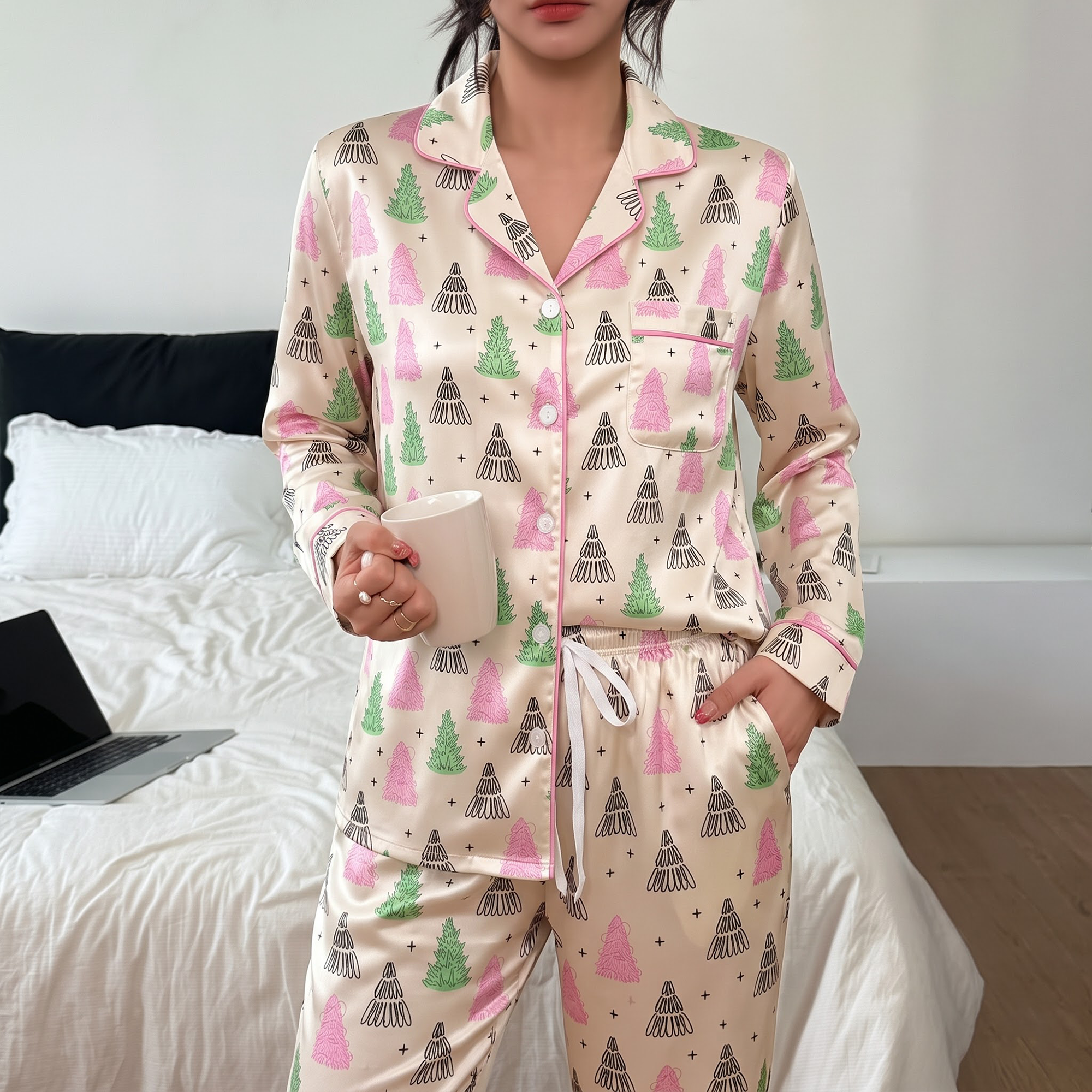 Pink Green Christmas Tree Satin Pajama Set, Xmas Tree Silk Sleepwear, Coquette Holiday Lounge Set, Xmas Gift for Her Women