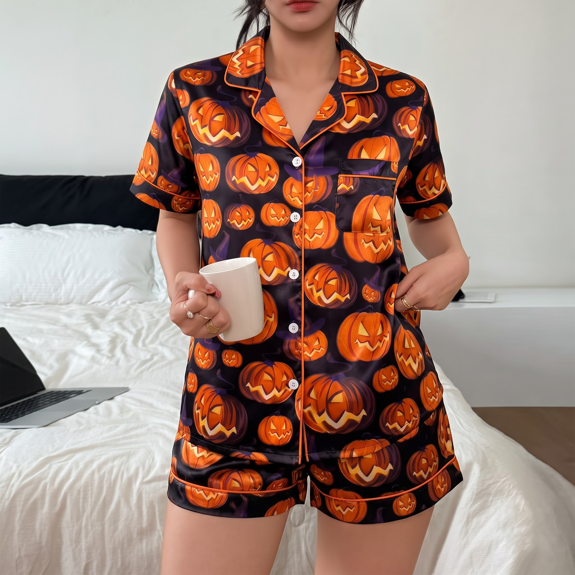 Cute Spooky Pumpkin Silk Satin Pajama Set, Jack-O-Lantern Pattern Lounge Set, Halloween Sleepwear, Gift for Friends Sister