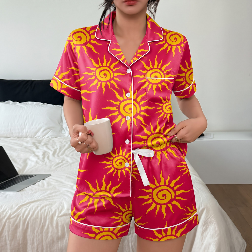 Tangled Sun Satin Pajama Set, Rapunzel Corona Sun Silk Sleepwear, Pink Sunshine Lounge Set, Disney Princess Gift for Her