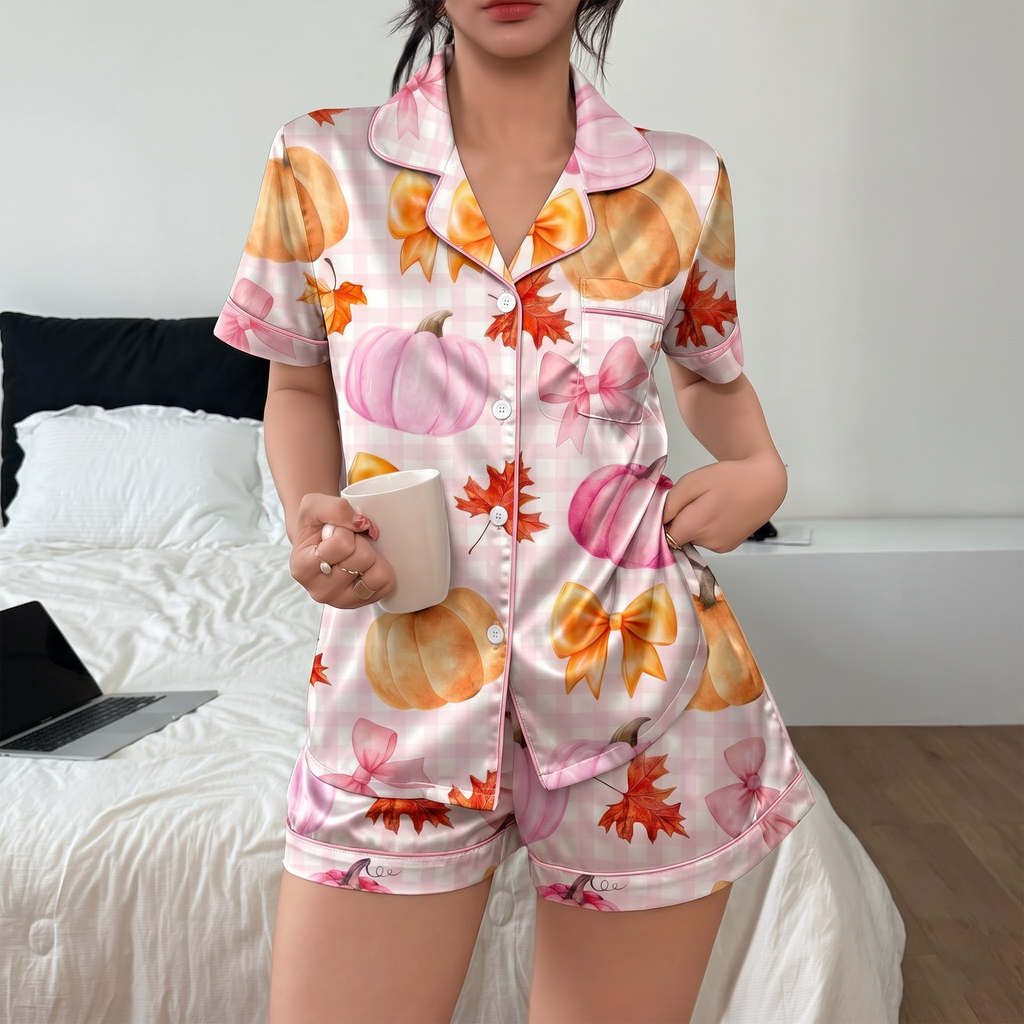 Pink Pumpkin Satin Pajama Set, Coquette Fall Silk Sleepwear, Watercolor Bow Gingham Lounge Set, Thanksgiving Gift for Her