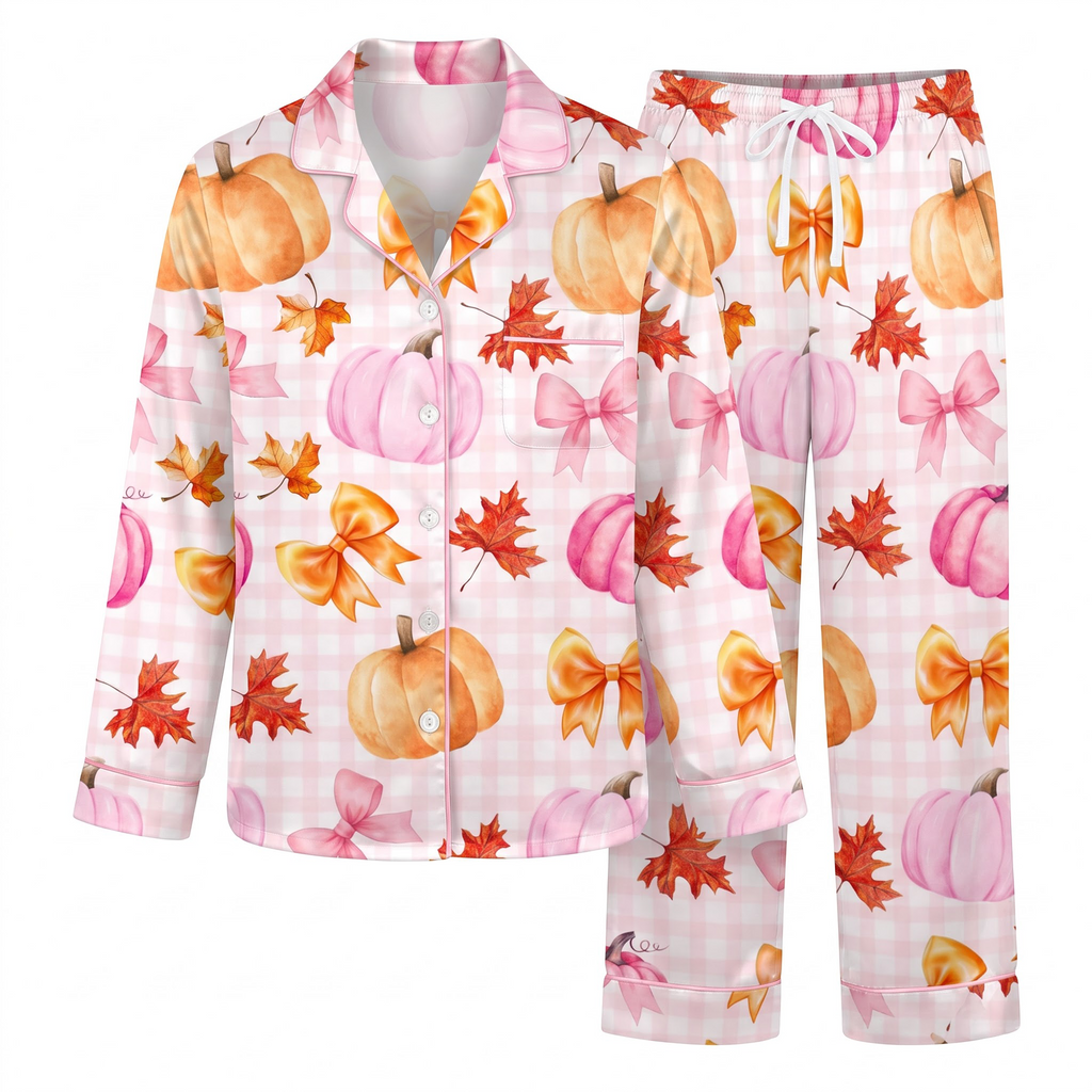 Pink Pumpkin Satin Pajama Set, Coquette Fall Silk Sleepwear, Watercolor Bow Gingham Lounge Set, Thanksgiving Gift for Her