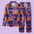 Black Cat Halloween Satin Pajama Set, Spooky Pumpkin Silk Sleepwear, Purple Cat Lounge Set, Gift for Her Women Cat Lovers