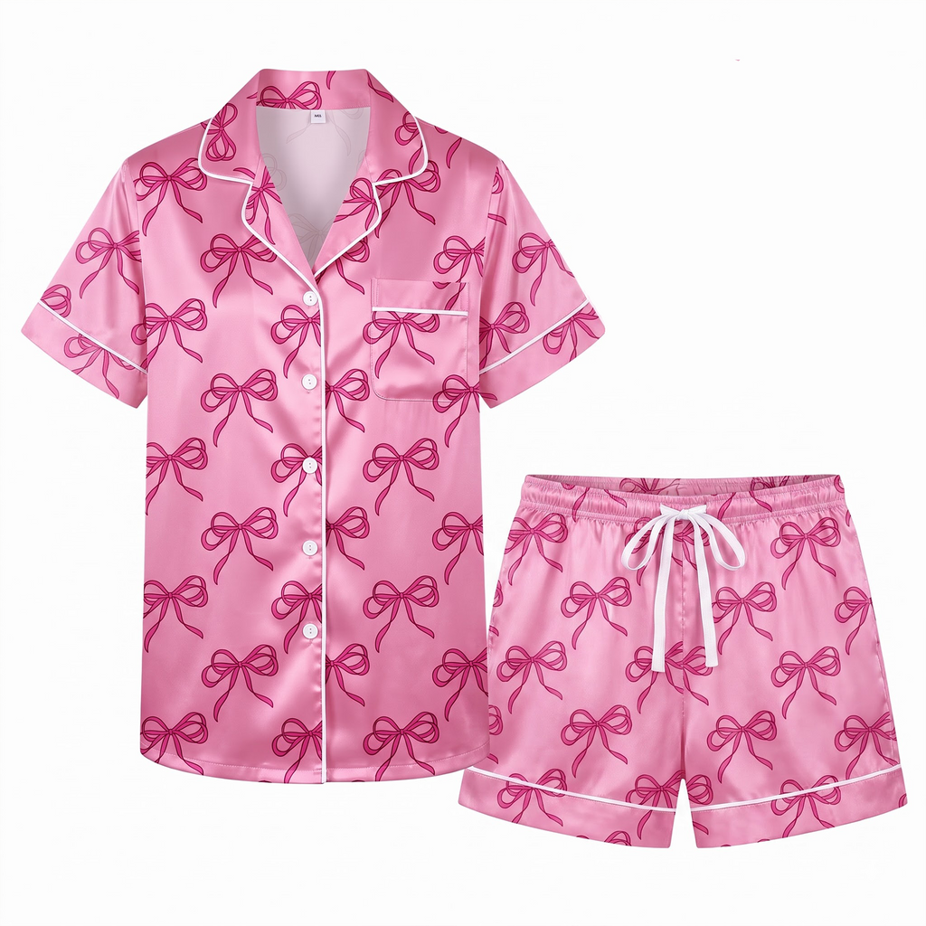 Pink Bow Pajama Set, Coquette Satin Ribbon Lounge Set, Pink Bow Sleepwear PJS, Birthday Gift for Her Women