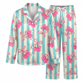Cute Pink Bow Cherry Silk Satin Pajama Set, Blue Striped Pattern Lounge Set, Coquette Ribbon Sleepwear, Gift for Friends Sister