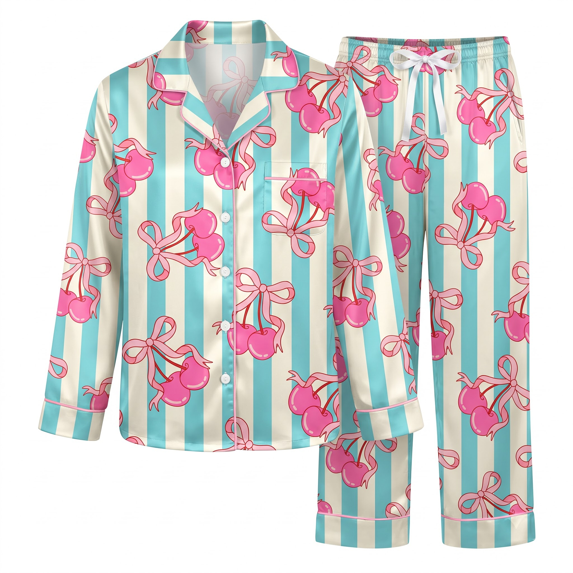 Cute Pink Bow Cherry Silk Satin Pajama Set, Blue Striped Pattern Lounge Set, Coquette Ribbon Sleepwear, Gift for Friends Sister