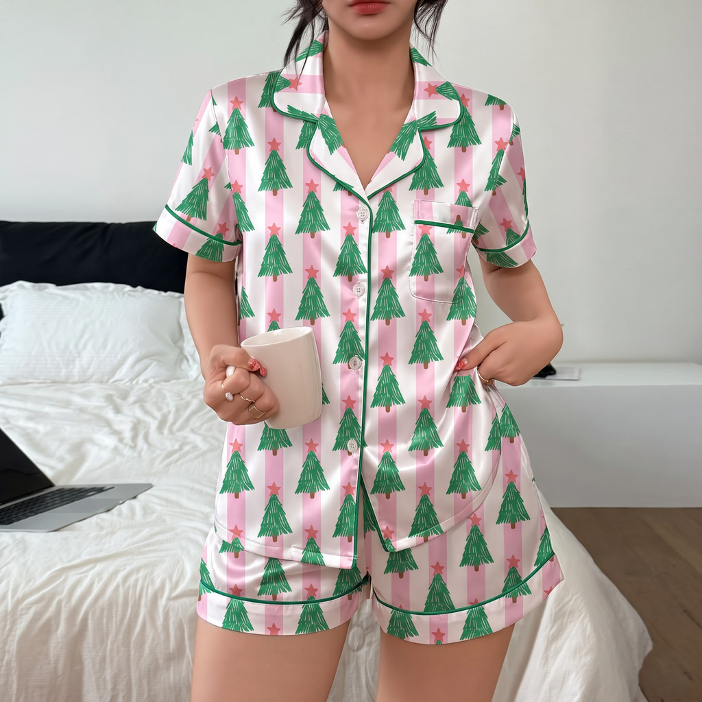 Pink Christmas Tree Satin Pajama Set, Striped Xmas Tree Silk Sleepwear, Coquette Holiday Lounge Set, Xmas Gift for Her Women