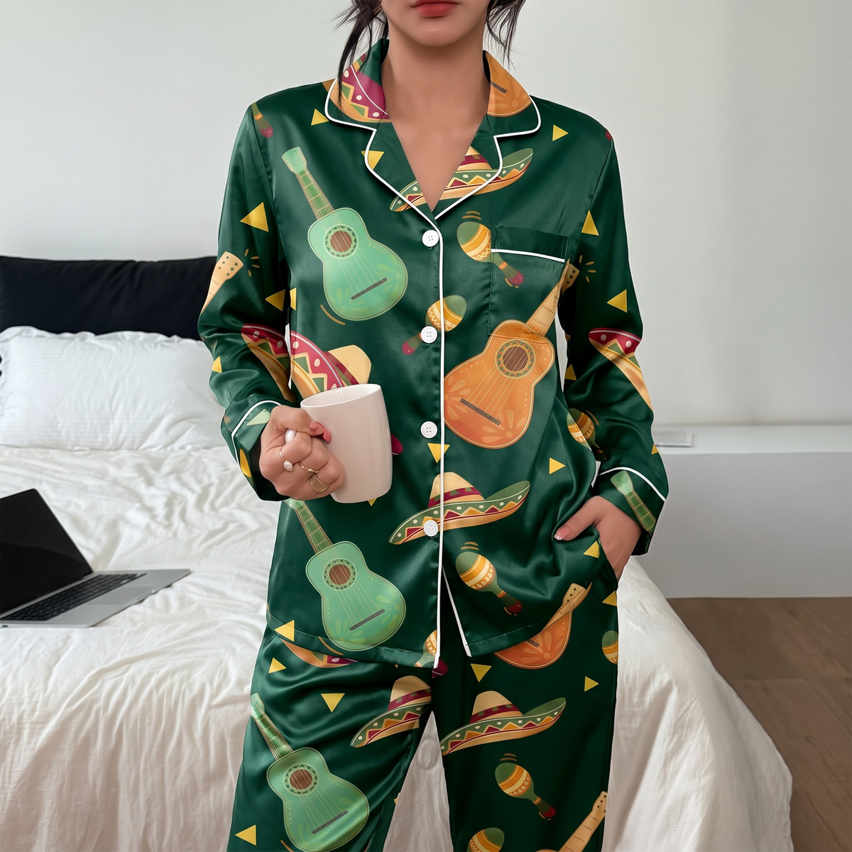 Mexican Fiesta Pajama Set, Green Guitar Sombrero Lounge Set, Cinco De Mayo Sleepwear PJS, Gift for Her Women