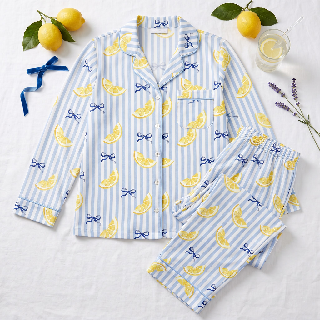 Lemon Ribbon Satin Pajama Set, Blue Striped Lemon Silk PJs , Coquette Bow Sleepwear, Cute Summer Gift for Her