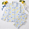 Lemon Ribbon Satin Pajama Set, Blue Striped Lemon Silk PJs , Coquette Bow Sleepwear, Cute Summer Gift for Her