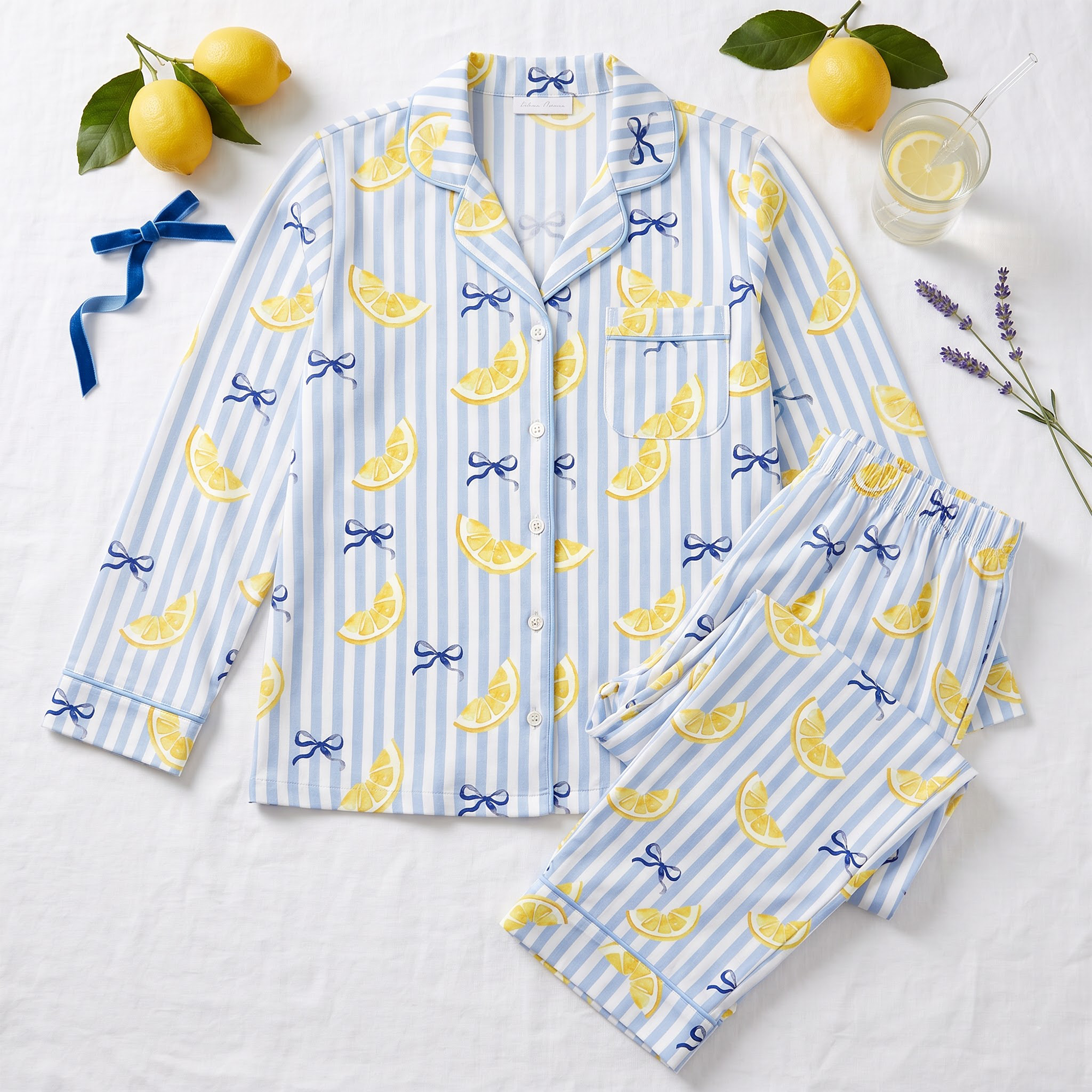Lemon Ribbon Satin Pajama Set, Blue Striped Lemon Silk PJs , Coquette Bow Sleepwear, Cute Summer Gift for Her