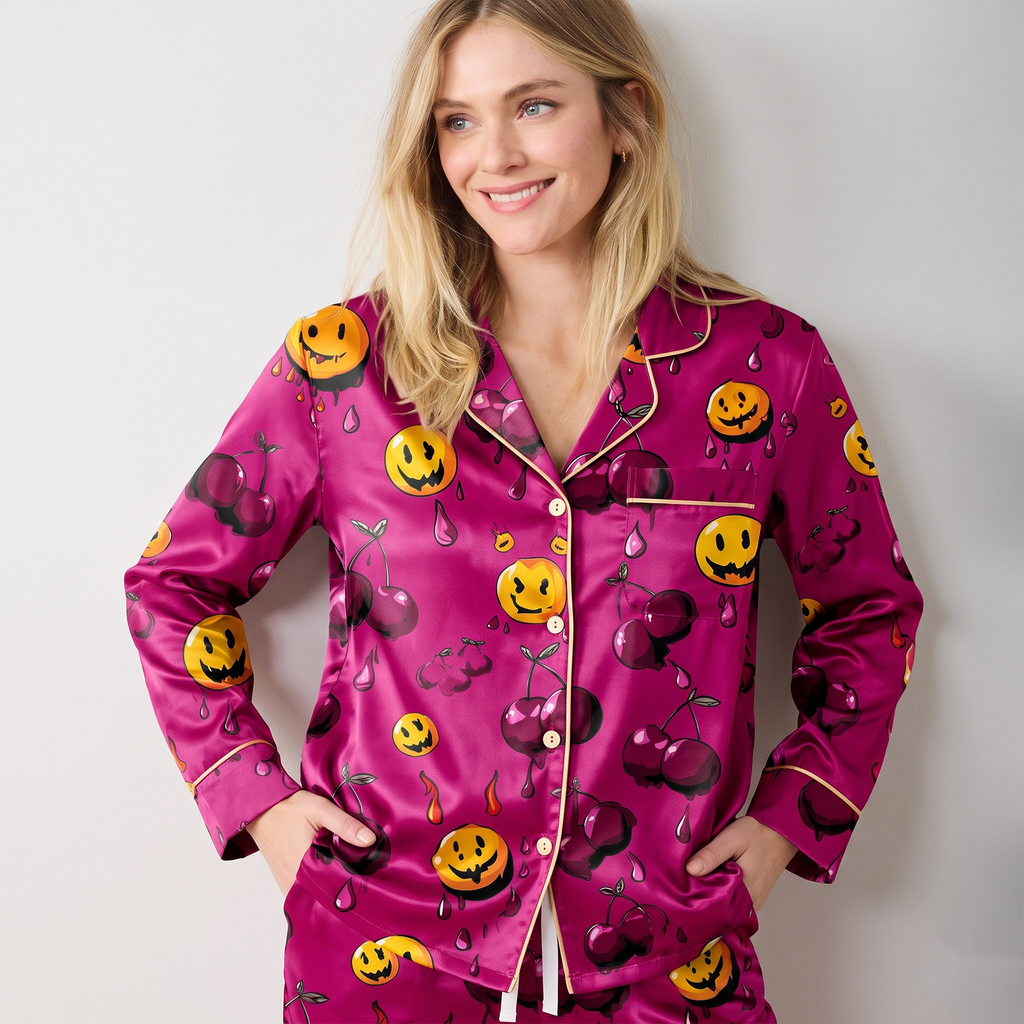 Pink Halloween Cherry Satin Pajama Set, Spooky Smiley Silk Sleepwear, Dripping Cherry Button Down Pjs, Cute Gift for Her