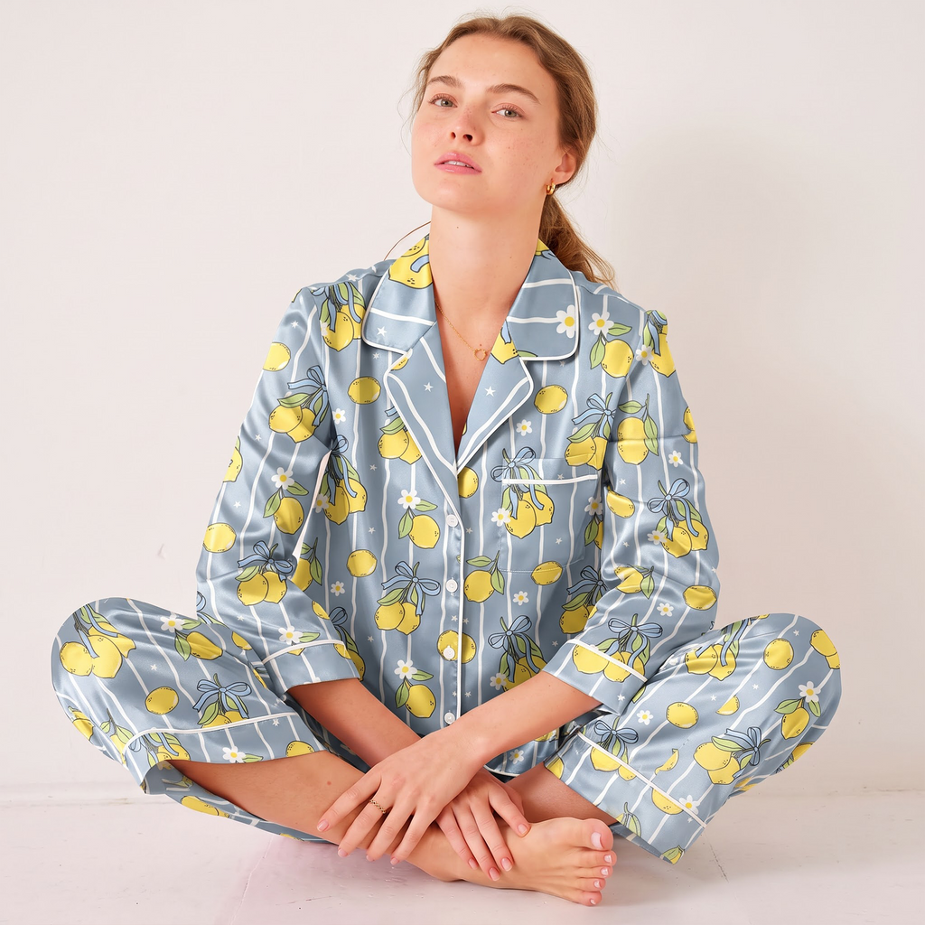 Blue Lemon Satin Pajama Set, Coquette Blue Bow Silk Sleepwear, Coastal Amalfi Summer Button Down Pjs, Gift for Her Bestie