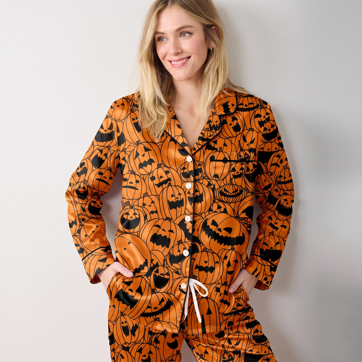 Orange Pumpkin Satin Pajama Set, Halloween Jack o Lantern Silk Sleepwear, Spooky Button Down Long Sleeve Pjs, Halloween Gift for Her