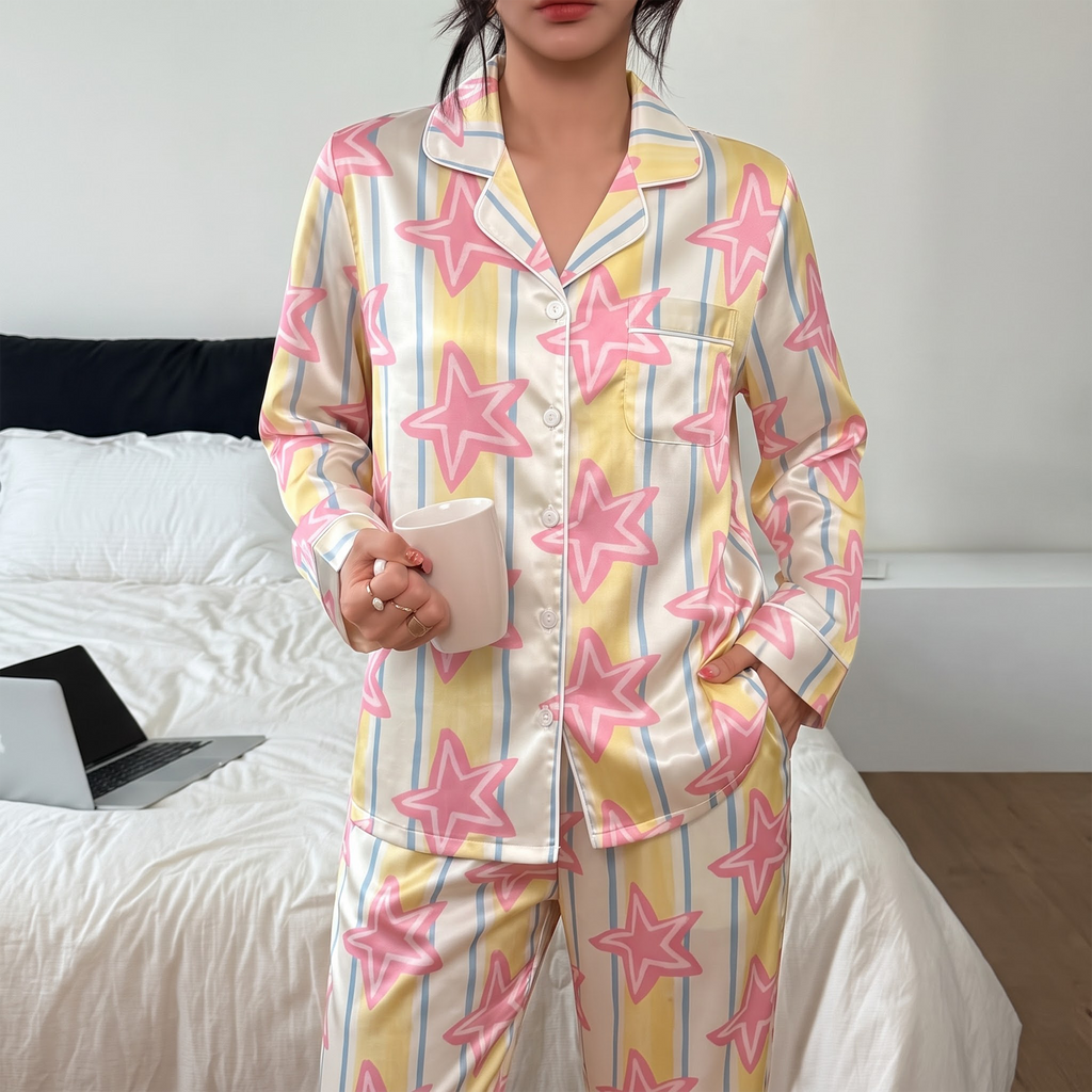 Pink Star Satin Pajama Set, Y2K Pastel Silk Sleepwear, Yellow Striped Lounge Set, Preppy Birthday Gift for Her Women Teen Girls