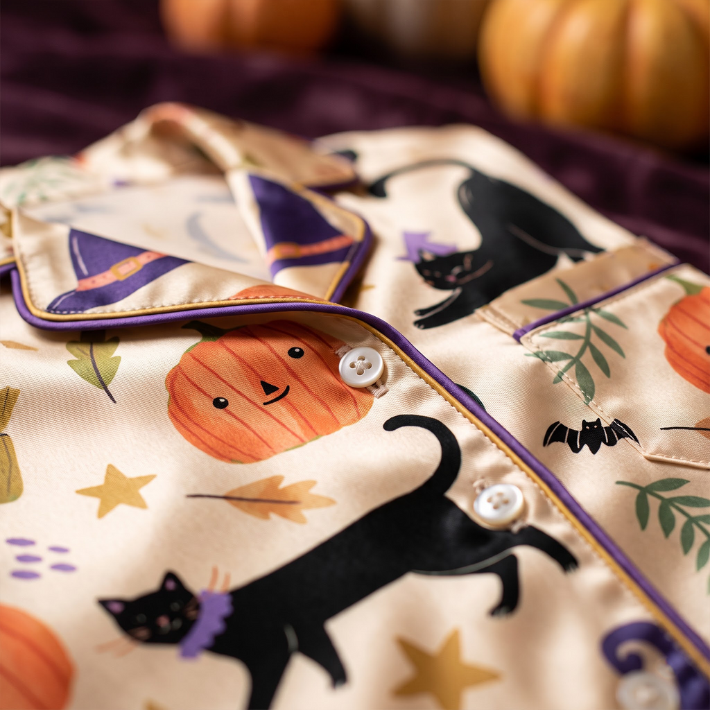 Black Cat Halloween Satin Pajama Set, Pumpkin Silk PJs , Spooky Cute Fall Sleepwear, Halloween Gift for Her