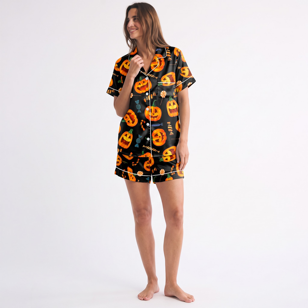 Pumpkin Candy Satin Pajama Set, Black Halloween Pajamas, Jack O Lantern PJs, Spooky Candy Sleepwear, Halloween Gift for Her