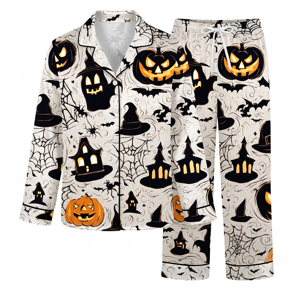 Vintage Halloween Satin Pajama Set, Spooky Pumpkin Silk Sleepwear, Haunted House Button Down Pjs, Witchy Gift for Her